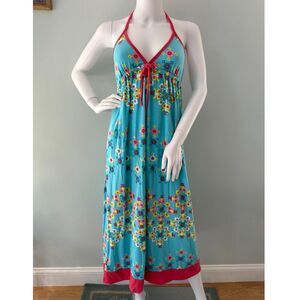 Vintage Y2k Joe Boxer Floral Midi Dress Turquoise Blue Folk Art Sundress size S